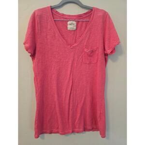 Hollister Pink V Neck Tee Pocket Soft Casual Basic Y2K Size L